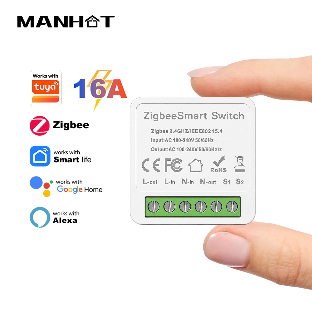 Smart Home Zigbee 3.0 - Manhot ZigBee 3.0 スイッチモジュール 16A。スマートホームDIY用ライトスイッチ。双方向制御に対応。Tuya、Alexa、Google Homeの音声操作に対応。