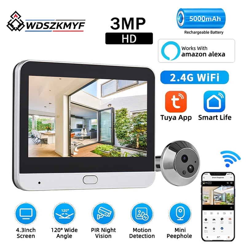 Smart Home Battery Camera - Tuya 3MP スマートWiFiデジタルドアビューカメラ 4.3インチスクリーン 5000mAh PIRモーションアラーム