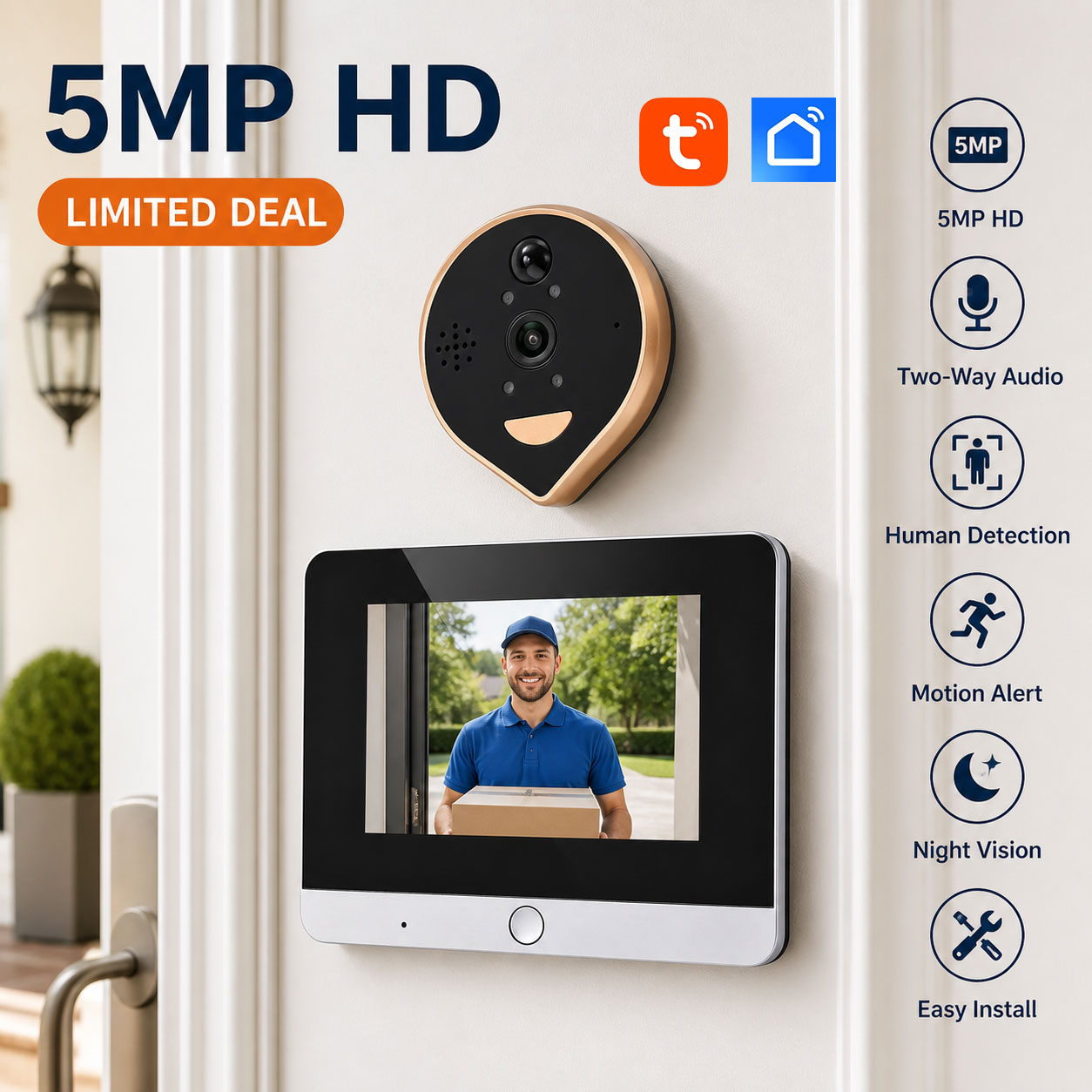Smart Home Battery Camera - 5MP Tuyaスマートライフドアビューアー、4.3インチスクリーン、Wi-Fi、940nm赤外線モーション検知、5000mAhバッテリー搭載ドアカメラ