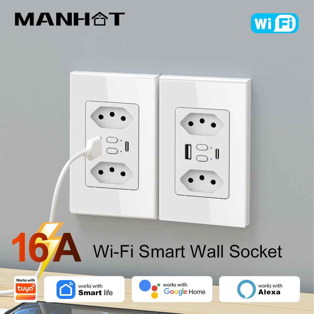 Smart Wall Socket - MANHOT Wifi スマートブラジルソケットスイッチ USB Type-C プラグコンセント付き