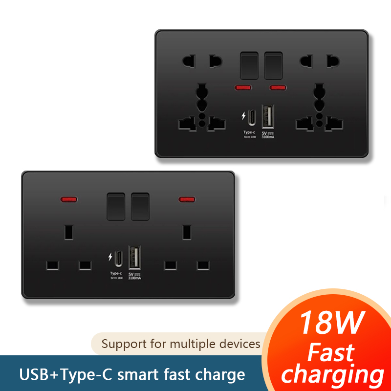 Smart Wall Socket - ユニバーサル18W急速充電対応タイプC壁コンセント220V電源プラグ、英国規格ブラック13Aソケットスイッチ、USB充電器付き電気壁コンセントパネル