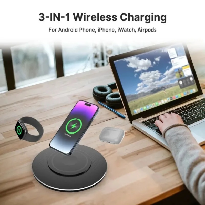 Smart Home Design - コンパクトな15W 3-in-1ワイヤレス充電パッド、急速充電ステーション、滑り止めデザイン、携帯電話、イヤホン、時計、デスクトップ、ホームオフィスでの使用に最適