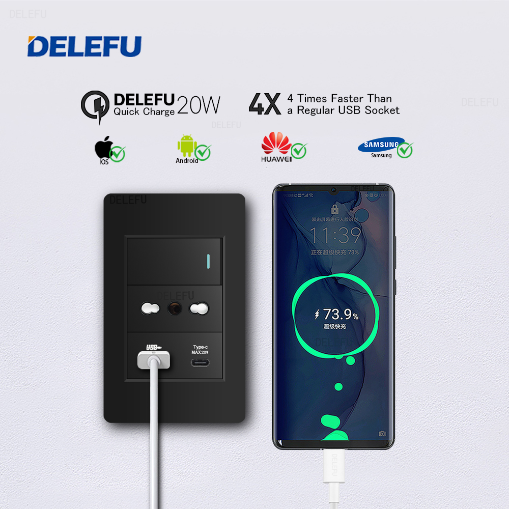 DELEFU ブラック耐火PC イタリア製 USB Type - Smart Wall Socket のレビューと価格